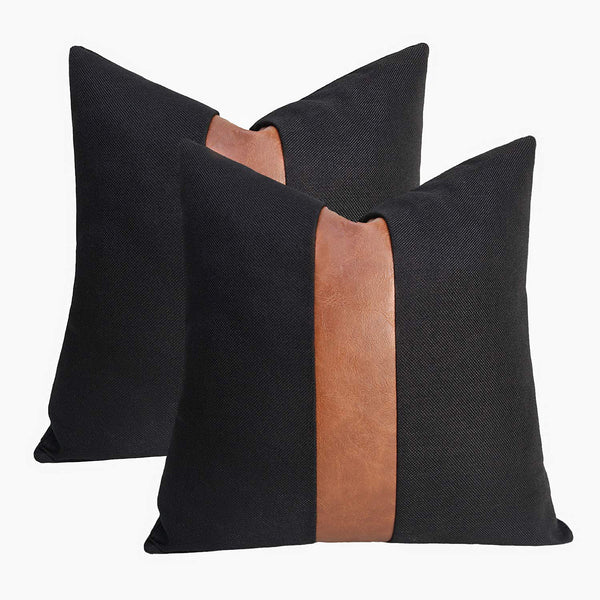 Boho Decoration Faux Leather Patchwork Cushion Covers | Black Patch