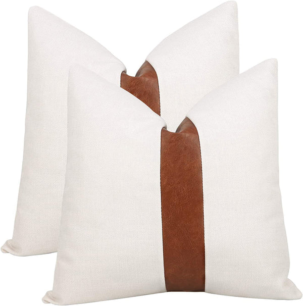 Boho Decoration Faux Leather Patchwork Cushion Covers | White Patch