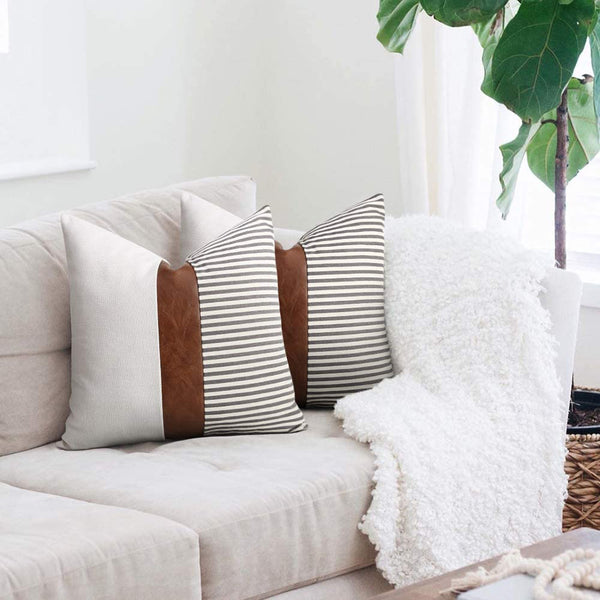 Boho Decoration Faux Leather Patchwork Cushion Covers | White Stripe