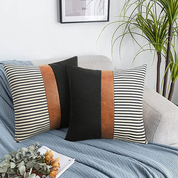 Boho Decoration Faux Leather Patchwork Cushion Covers | Black Stripe