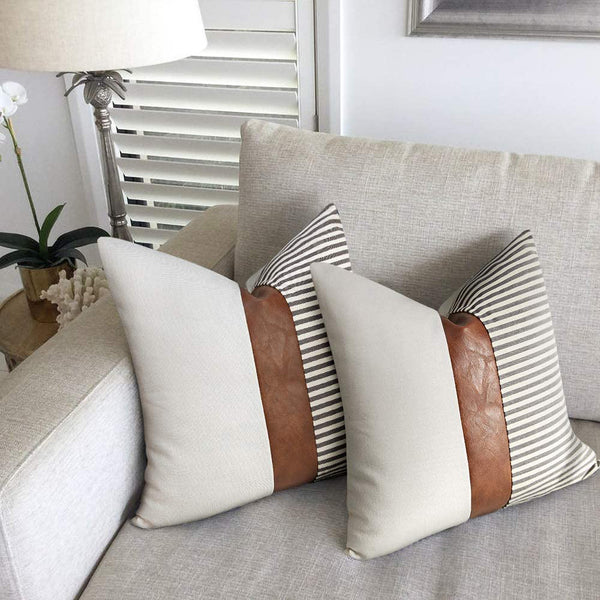 Boho Decoration Faux Leather Patchwork Cushion Covers | White Stripe