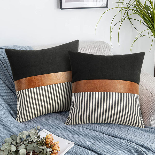 Boho Decoration Faux Leather Patchwork Cushion Covers | Black Stripe