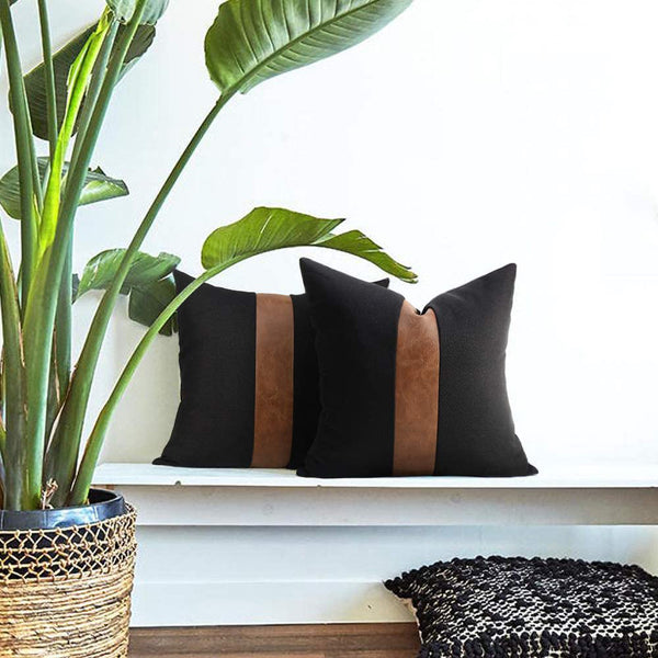 Boho Decoration Faux Leather Patchwork Cushion Covers | Black Patch