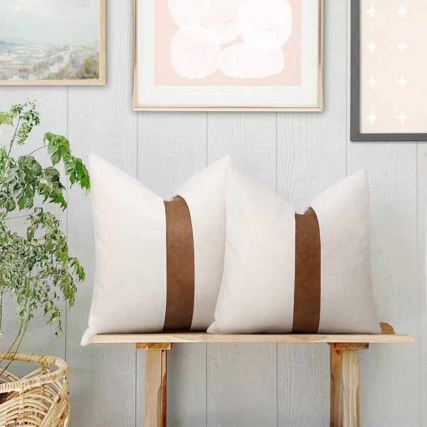 Boho Decoration Faux Leather Patchwork Cushion Covers | White Patch