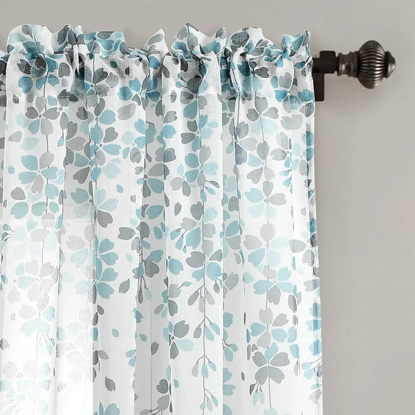 Atariya Décor Sheer Curtain, Light Filtering Linen Textured, Set of 2, (Blue & Grey)