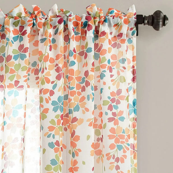 Atariya Décor Sheer Curtain, Light Filtering Linen Textured, Set of 2 (Turquoise & Tangerine)