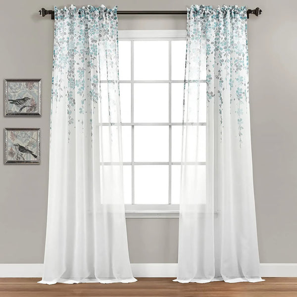 Atariya Décor Sheer Curtain, Light Filtering Linen Textured, Set of 2, (Blue & Grey)