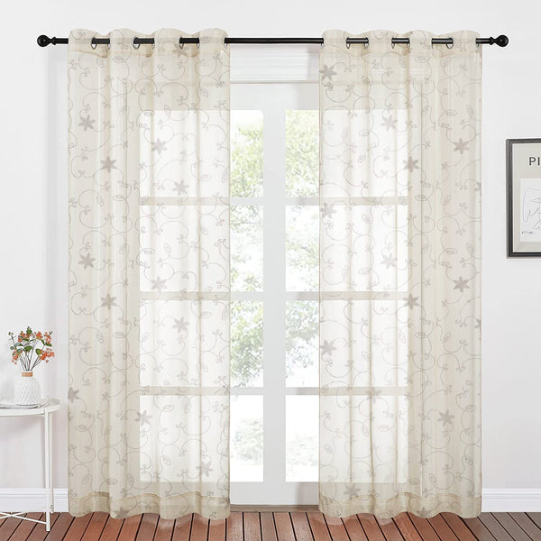 Embroidery Semi Sheer Curtain, Light Filtering, Classical Draperies, Voile, Beige, 1 Piece