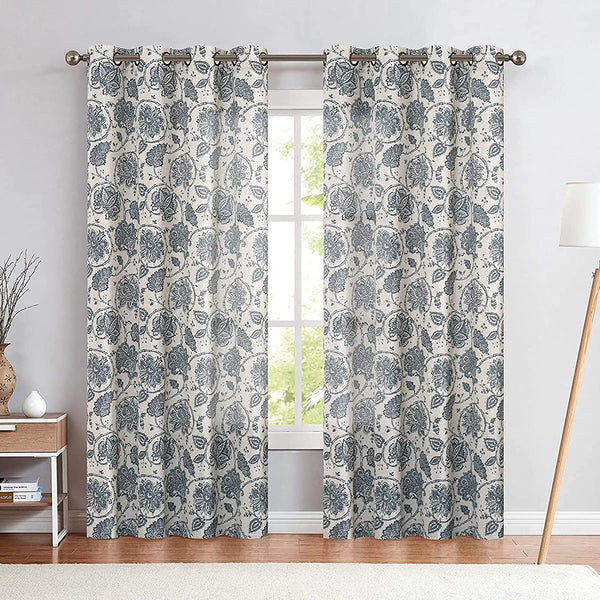 Beige Cotton Curtain, Paisley Scroll Design with Stainless Steel Eyelet