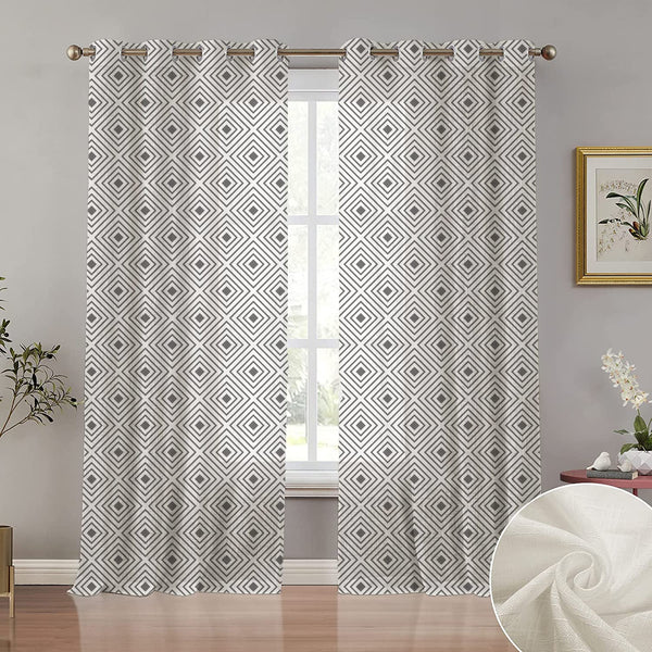 Sheer Curtain, Light Filtering Linen Textured, Set of 1, Grey Geometric Design