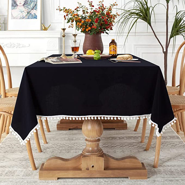 Cotton Dining Table Cloth with Heavy Pom Pom lace Design for Dining Table