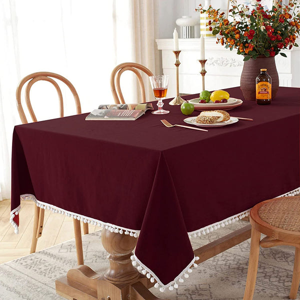 Cotton Dining Table Cloth with Heavy Pom Pom lace Design for Dining Table